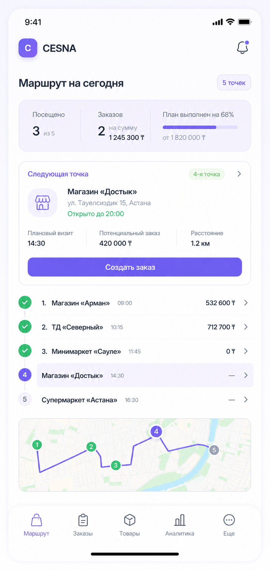 Мобильный маршрут торгового представителя CESNA CRM